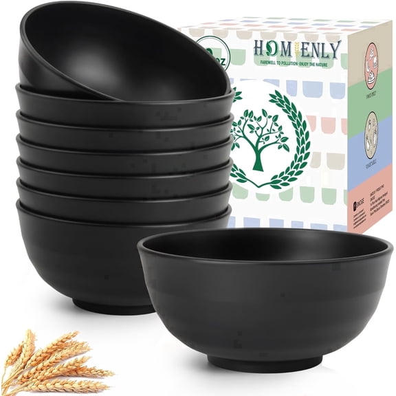 Homienly 8-Pack 60 oz Wheat Straw Large Bowls, Unbreakable, Microwave & Dishwasher Safe, Black