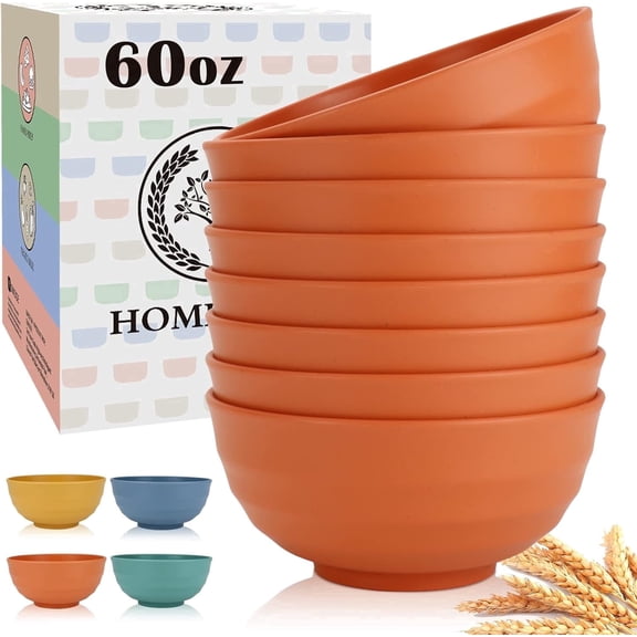 Homienly 8-Pack 60 oz Wheat Straw Large Bowls, Unbreakable, Microwave & Dishwasher Safe, Orange