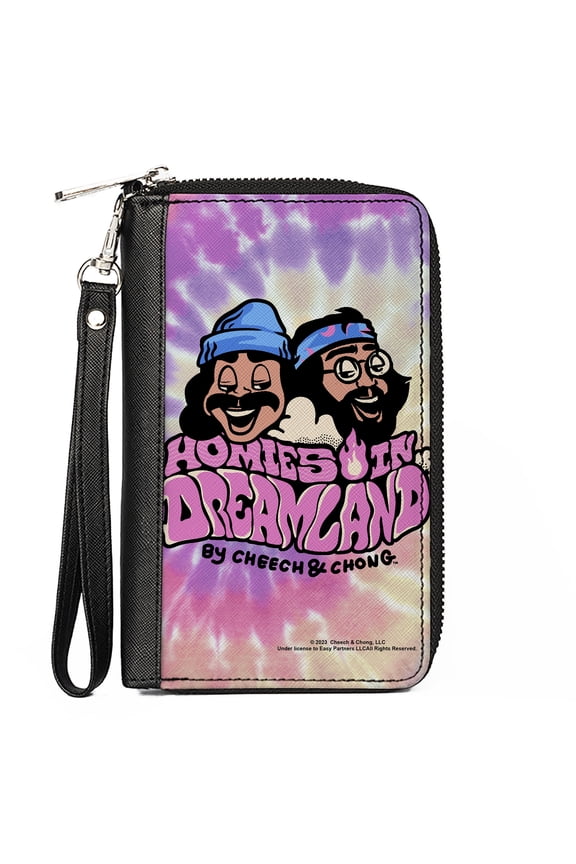 Homies in Dreamland by Cheech & Chong Wallet, Zip Around, Cheech and Chong Homies in Dreamland Title Logo Tie Dye Pinks, Vegan Leather