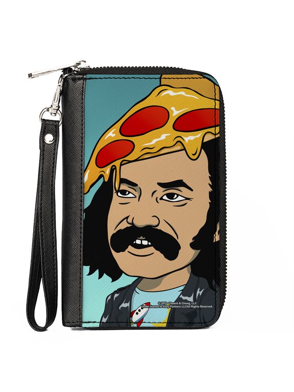 Homies in Dreamland by Cheech & Chong Wallet, Zip Around, Homies in Dreamland Cheech Pizza Head Pose Blue, Vegan Leather