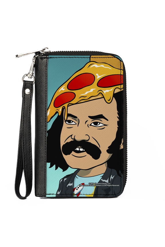 Homies in Dreamland by Cheech & Chong Wallet, Zip Around, Homies in Dreamland Cheech Pizza Head Pose Blue, Vegan Leather