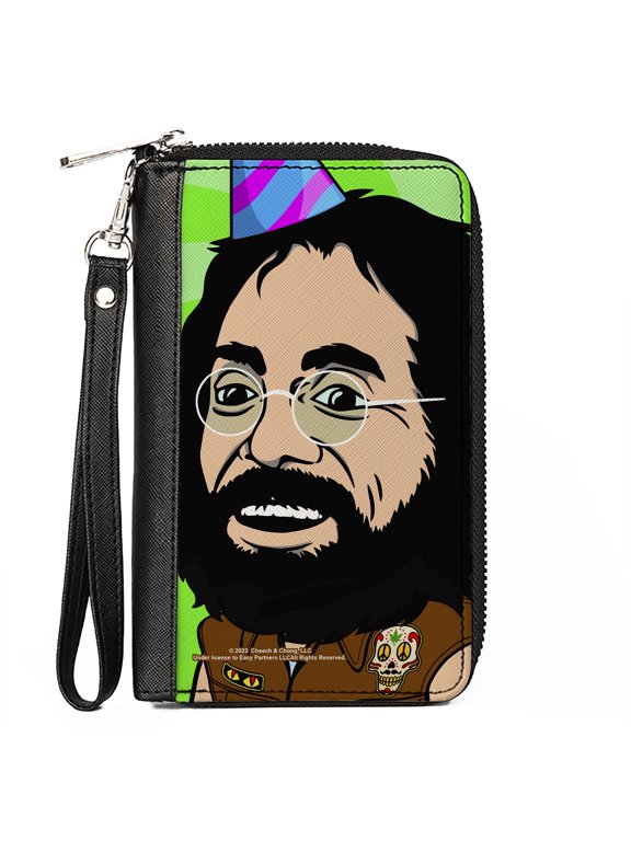 Homies in Dreamland by Cheech & Chong Wallet, Zip Around, Homies in Dreamland Chong Party Hat Pose Green, Vegan Leather