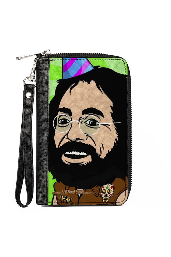 Homies in Dreamland by Cheech & Chong Wallet, Zip Around, Homies in Dreamland Chong Party Hat Pose Green, Vegan Leather