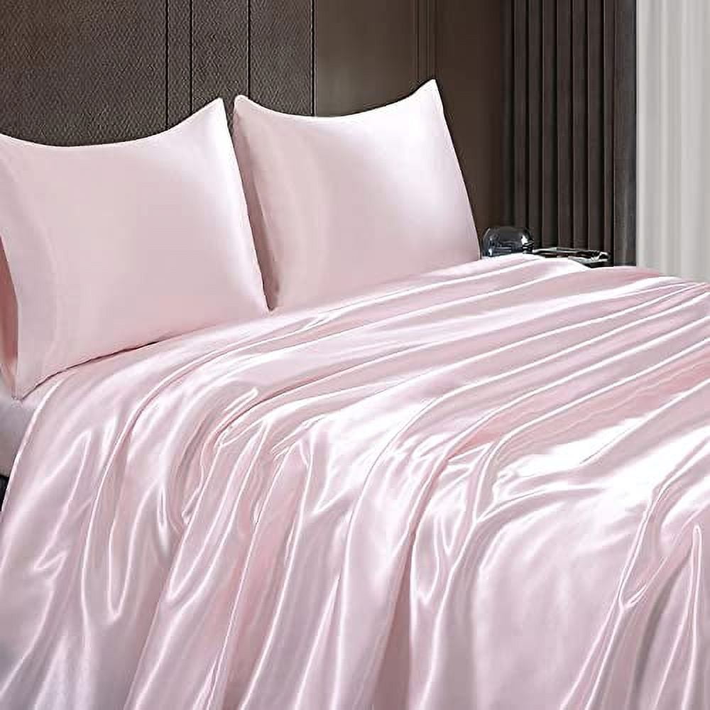 Homiest 4pcs Satin Sheets Set Luxury Silky Satin Bedding Set with Deep Pocket, 1 Fitted Sheet + 1 Flat Sheet + 2 Pillowcases (Queen Size, Blush Pink)
