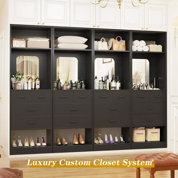 Homieasy 100 Inch Freestanding Closet System Set of 4, Closet Organizers and Storage Unit with 16 Drawers, Mirror & Shelves for Bedroom, Closet, Black