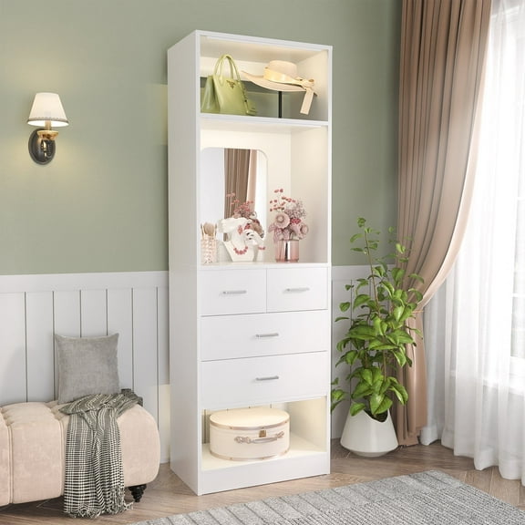 Homieasy 25'' Walk-in Closet System with 4 Wooden Drawers, Freestanding Closet Organizer System with Storage Shelves and Mirror, Sturdy Closet Tower for Bedroom, Closet and Mudroom, White