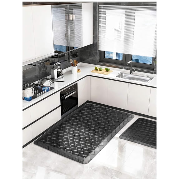 Furkithn Kitchen Mat for Floor, Anti Fatigue Memory Foam Rug, Waterproof PVC Padded Comfort Mat for Kitchen Sink, Laundry Room, Office, 17"x28"+17"x47", Black