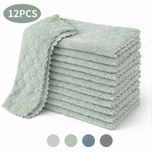 Homieway 12 Pack Kitchen Dish Cloths, Super Absorbent and Soft Coral Velvet Dish Towels Rags for Washing Dishes, Nonstick Oil Washable Fast Drying Microfiber Cleaning Cloths, 10x10 inches, Green