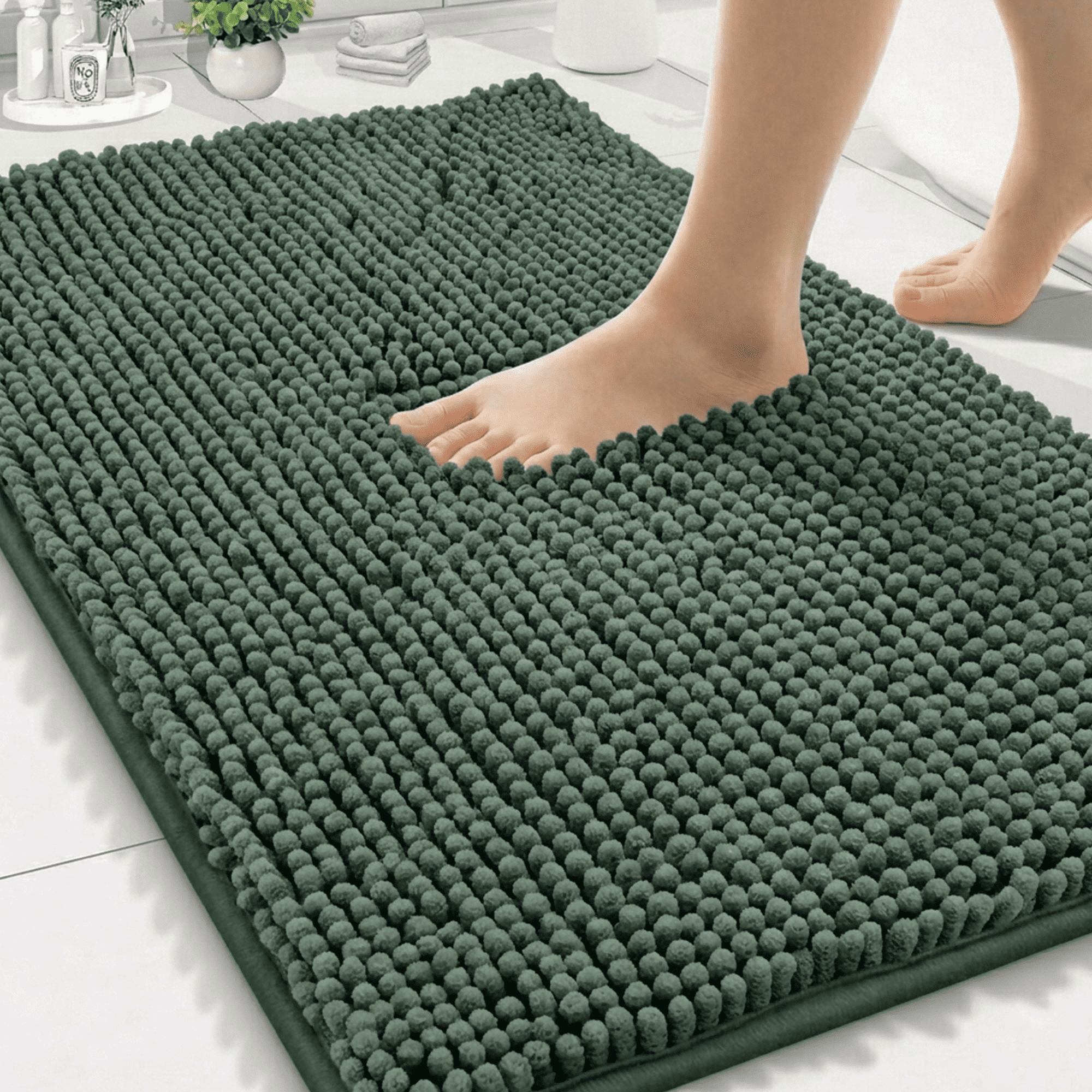Wozola Chenille Bathroom Rug, Dark Green Ultra Soft Absorbent Bath Mat, Non-Slip Machine Washable Shower Floor Rug for Bathroom, Tub & Entryway, 24"x47"