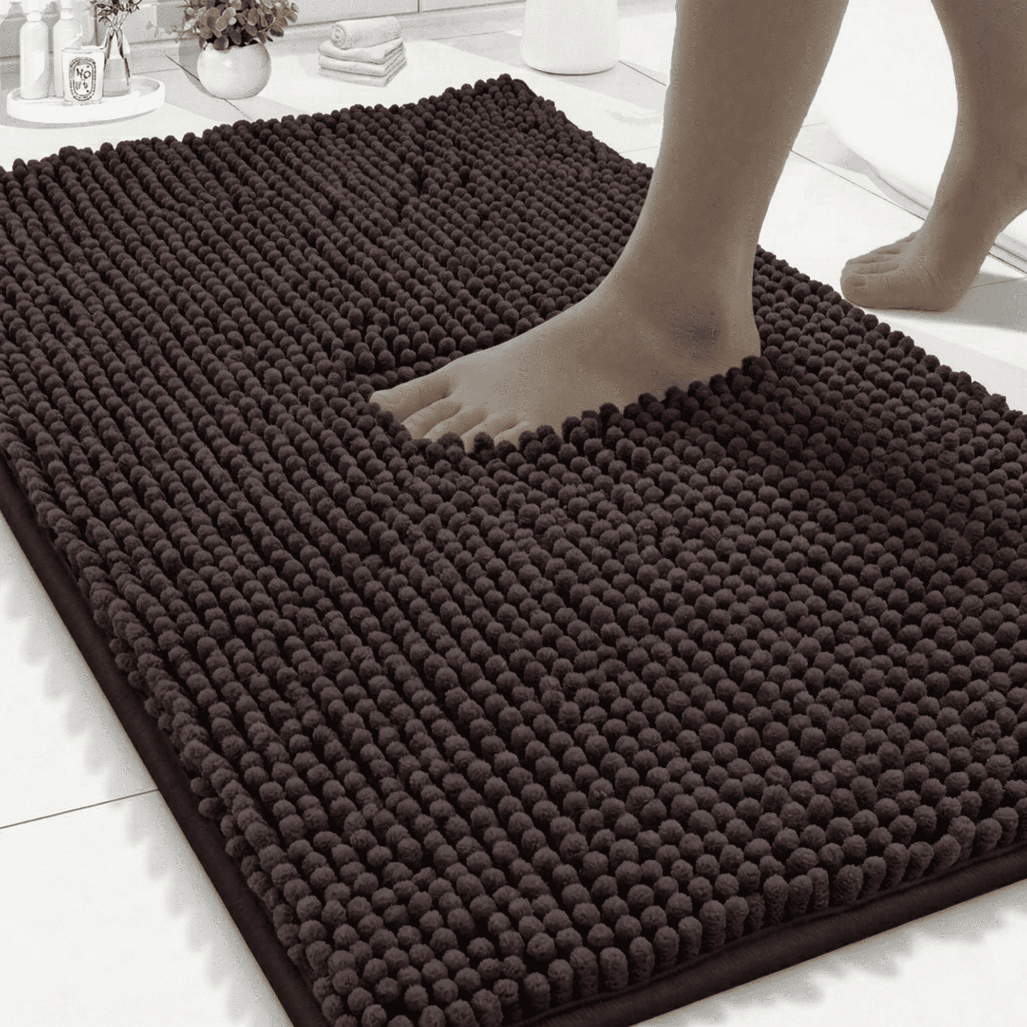 Wozola Chenille Bathroom Rug, Coffee Ultra Soft Absorbent Bath Mat, Non-Slip Machine Washable Shower Floor Rug for Bathroom, Tub & Entryway, 24"x47"