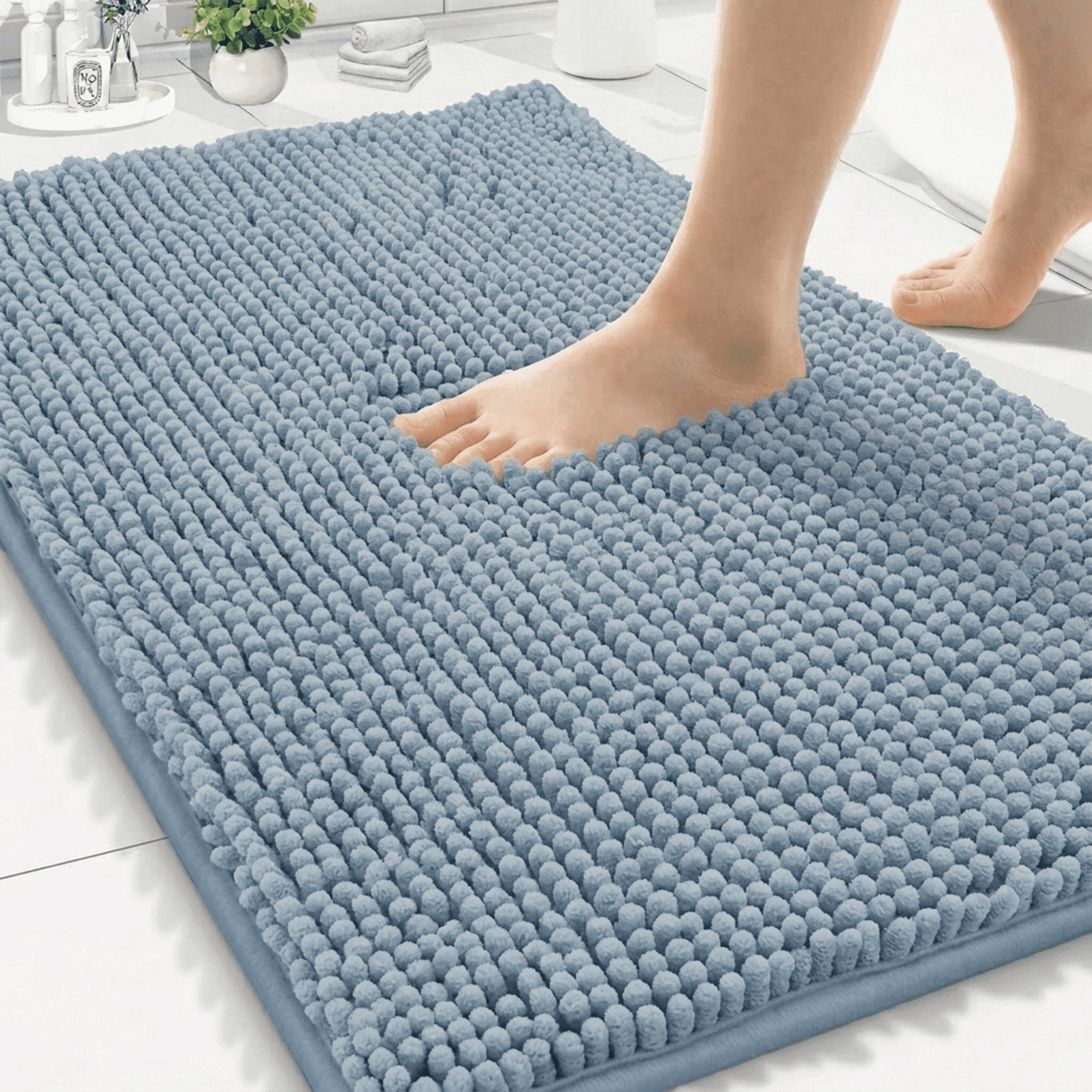 Wozola Chenille Bathroom Rug, Blue Ultra Soft Absorbent Bath Mat, Non-Slip Machine Washable Shower Floor Rug for Bathroom, Tub & Entryway, 24"x36"