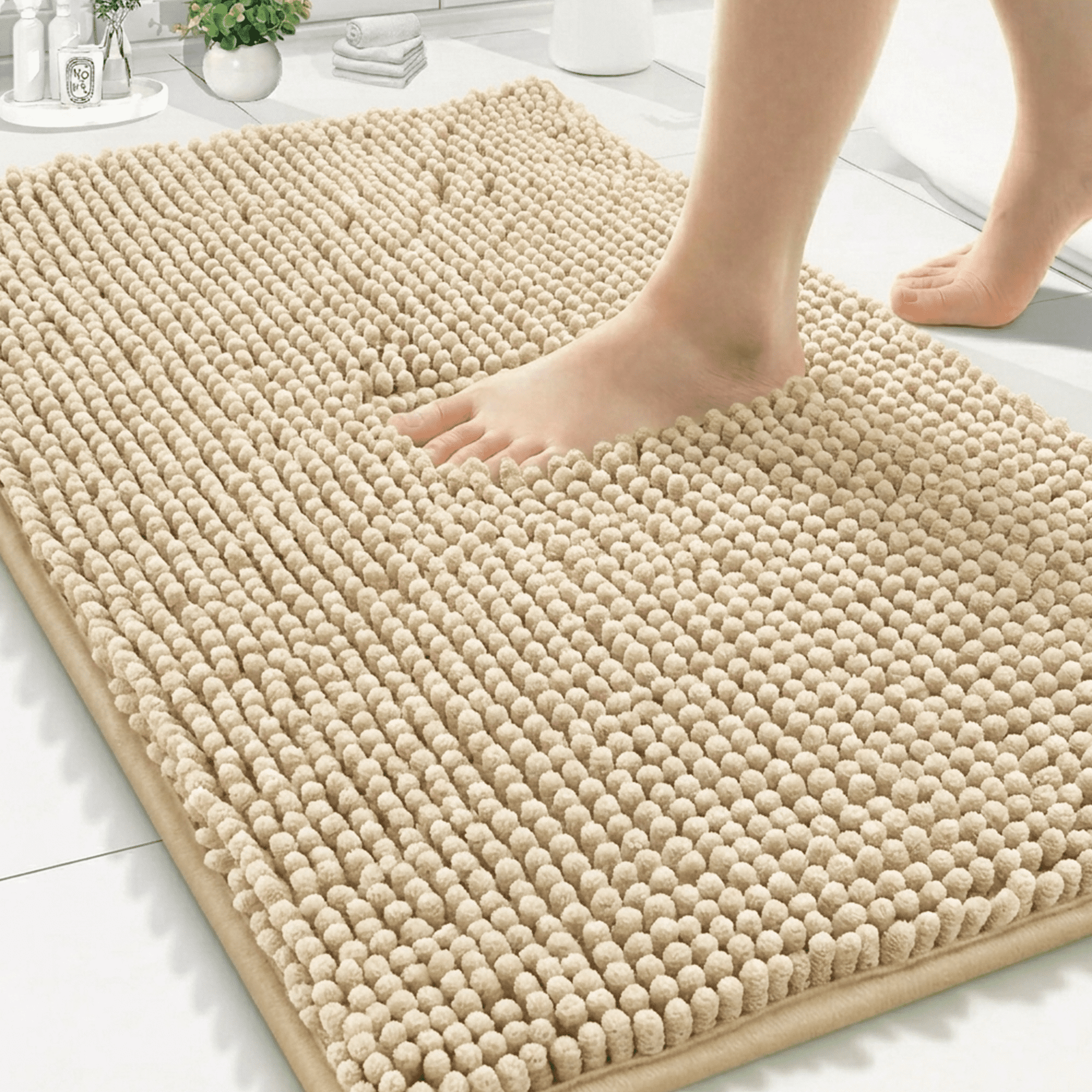 Wozola Chenille Bathroom Rug, Beige Ultra Soft Absorbent Bath Mat, Non-Slip Machine Washable Shower Floor Rug for Bathroom, Tub & Entryway, 24"x47"