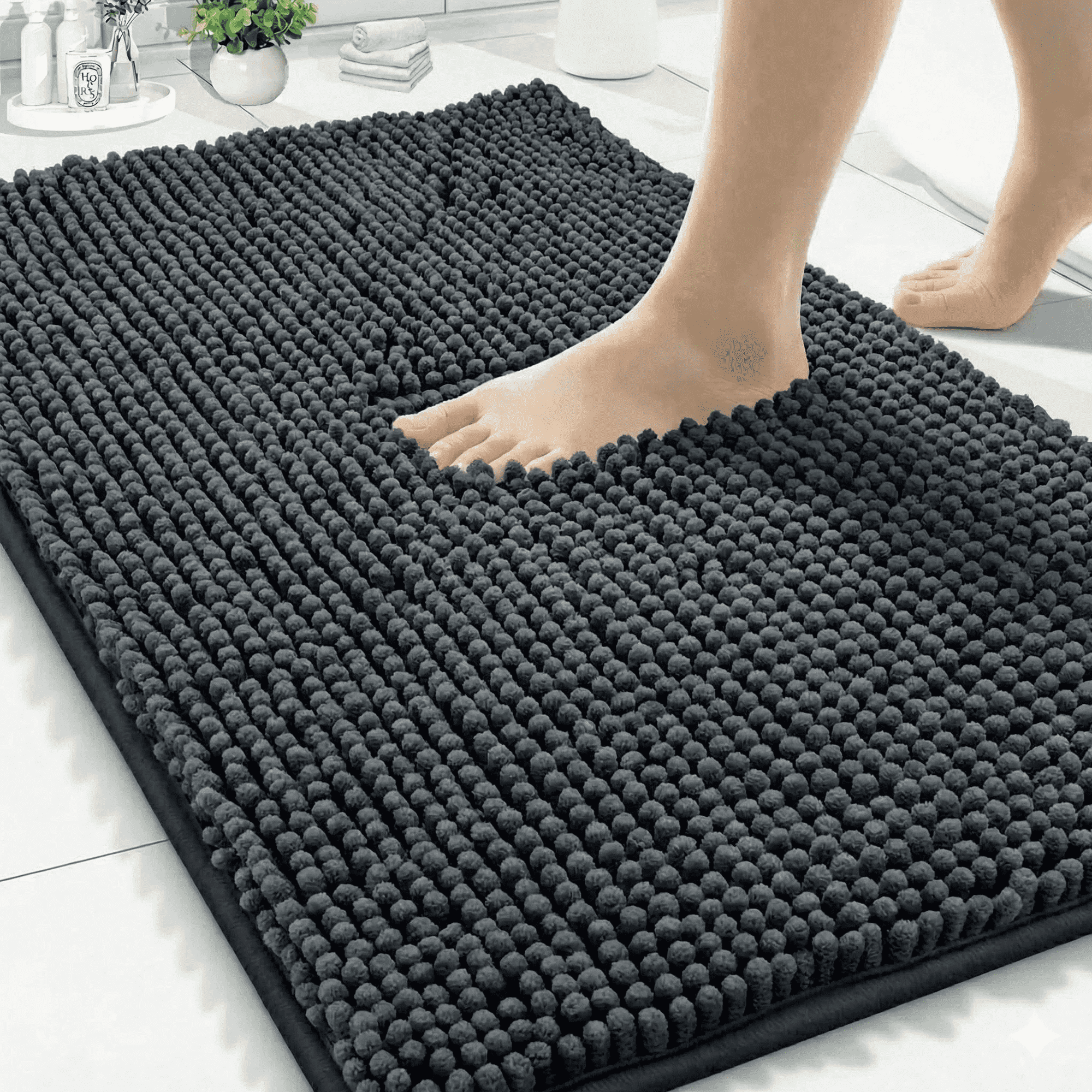 Wozola Chenille Bathroom Rug, Dark Gray Ultra Soft Absorbent Bath Mat, Non-Slip Machine Washable Shower Floor Rug for Bathroom, Tub & Entryway, 20"x32"