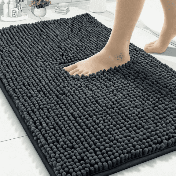 Wozola Chenille Bathroom Rug, Dark Gray Ultra Soft Absorbent Bath Mat, Non-Slip Machine Washable Shower Floor Rug for Bathroom, Tub & Entryway, 16"x24"