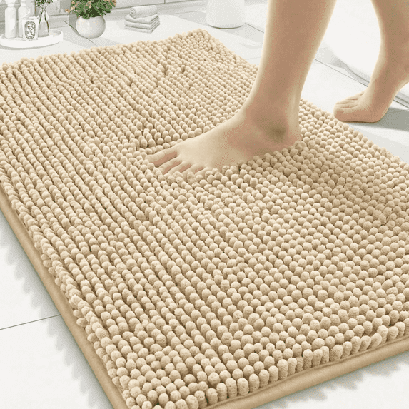 Wozola Chenille Bathroom Rug, Beige Ultra Soft Absorbent Bath Mat, Non-Slip Machine Washable Shower Floor Rug for Bathroom, Tub & Entryway, 24"x59"