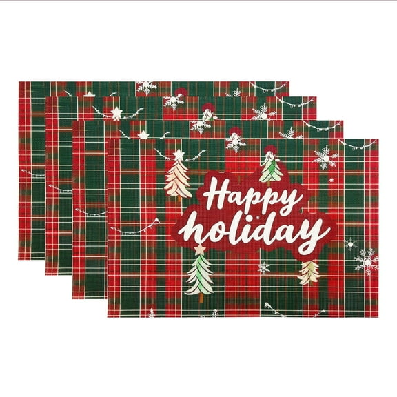 Homieway Christmas Placemats Set of 4, PVC Table Mats 12x18 Inch, Holiday Red Green Plaid Placemats, Heat Resistant & Easy to Clean Dining Table Decor