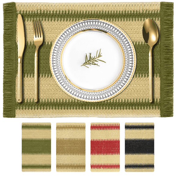 Homieway Placemats Set of 4, Boho Tassel Paper Woven Braided Placemats 12x18 inch Aesthetic Natural Rustic Place Mats for Dinner Wedding Party Beach Farmhouse Table Decoration, Green
