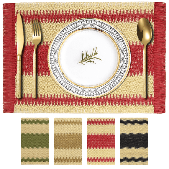 Homieway Placemats Set of 4, Boho Tassel Paper Woven Braided Placemats 12x18 inch Aesthetic Natural Rustic Place Mats for Dinner Wedding Party Beach Farmhouse Table Decoration, Red