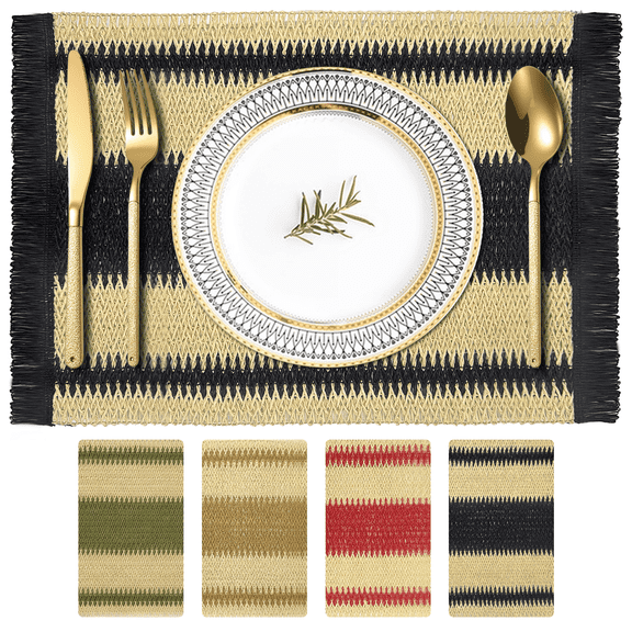 Homieway Placemats Set of 4, Boho Tassel Paper Woven Braided Placemats 12x18 inch Aesthetic Natural Rustic Place Mats for Dinner Wedding Party Beach Farmhouse Table Decoration, Black