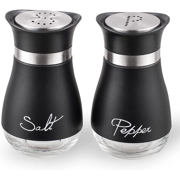 Furkithn Salt and Pepper Shakers Set, Glass Bottom Salt Shaker with Stainless Steel Lid for Kitchen Gadgets Cooking Table, RV, Camp,BBQ Refillable Design, Black
