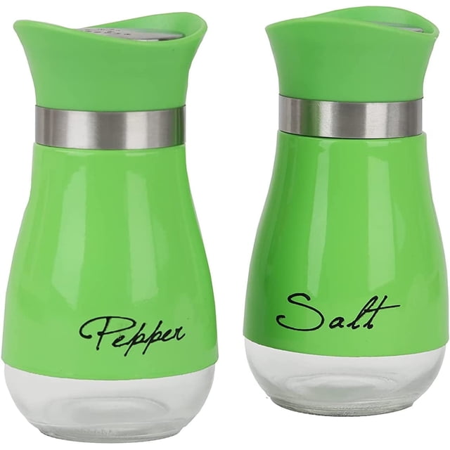 Furkithn Salt and Pepper Shakers Set, Glass Bottom Salt Shaker with Stainless Steel Lid for Kitchen Gadgets Cooking Table, RV, Camp,BBQ Refillable Design, Green