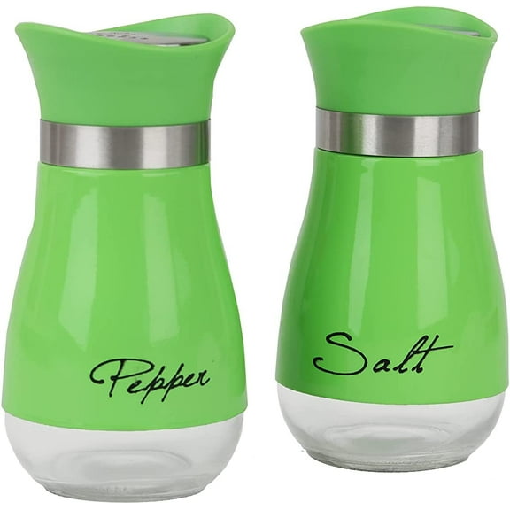 Homieway Salt and Pepper Shakers Set, Glass Bottom Salt Shaker with Stainless Steel Lid for Kitchen Gadgets Cooking Table, RV, Camp,BBQ Refillable Design, Green