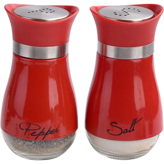 Furkithn Salt and Pepper Shakers Set, Glass Bottom Salt Shaker with Stainless Steel Lid for Kitchen Gadgets Cooking Table, RV, Camp,BBQ Refillable Design, Red
