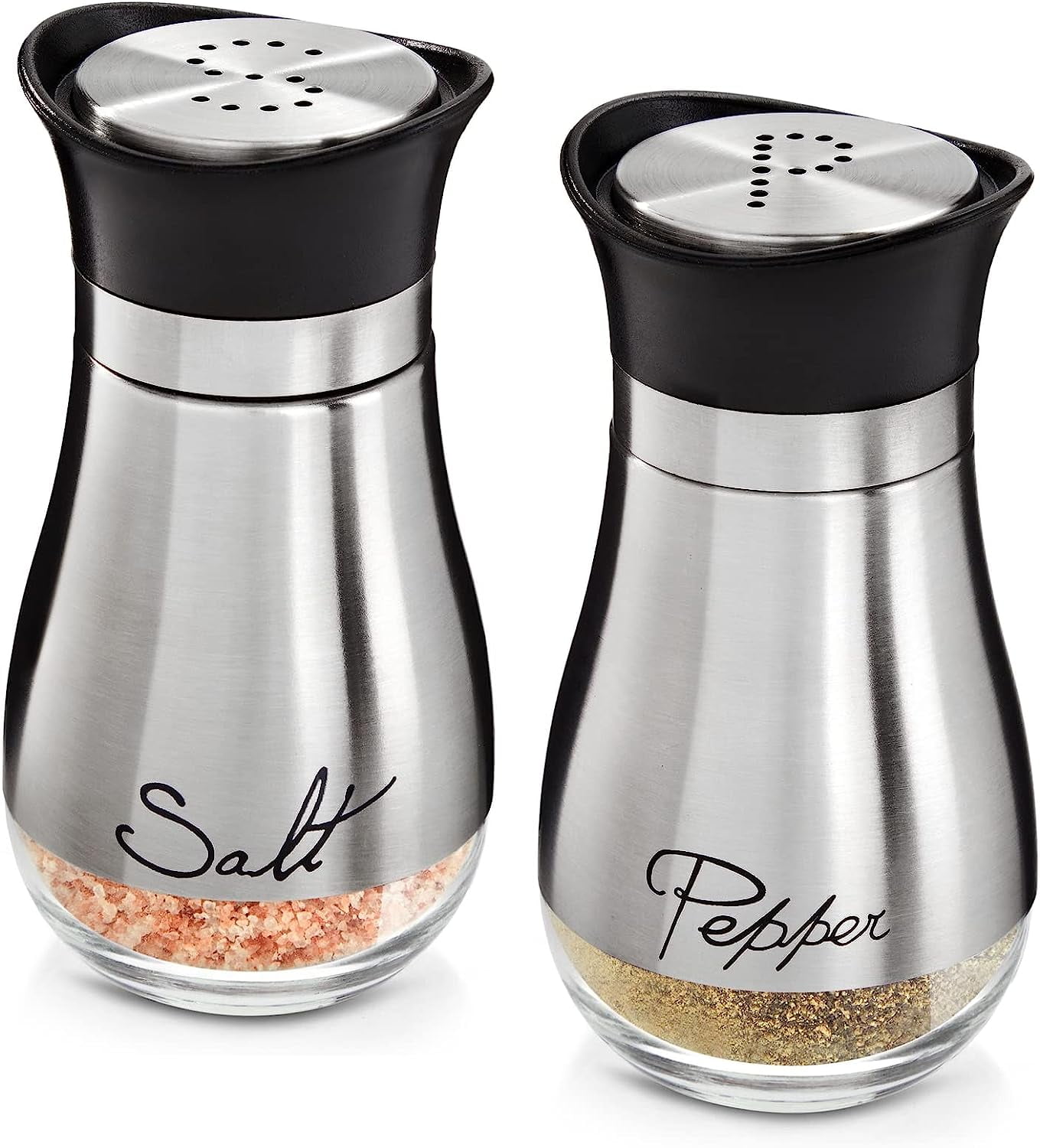 Silver Stainless Steel and Glass Salt and Pepper Shakers Set