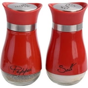 Homieway Salt and Pepper Shakers Set, Glass Bottom Salt Shaker with Stainless Steel Lid for Kitchen Gadgets Cooking Table, RV, Camp,BBQ Refillable Design, Red