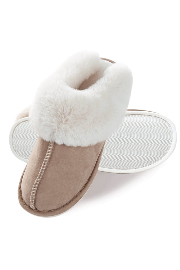Slippers for Women, Khaki Memory Foam Fluffy Slippers, Soft Warm and Anti-Skid Cozy Slippers for Indoor Outdoor