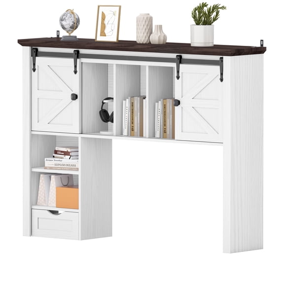 Homiflex 47.2" Desktop Bookshelf with Sliding Barn Door, Desktop Organizer Storage Rack with 7 Cubbies and Drawer, Desk Shelf for Office, Dorm, White