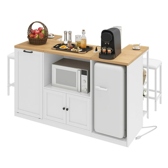 Homiflex 67" Kitchen Island, Rolling Large Island Table for Microwave, Trash Can Cabinet, White