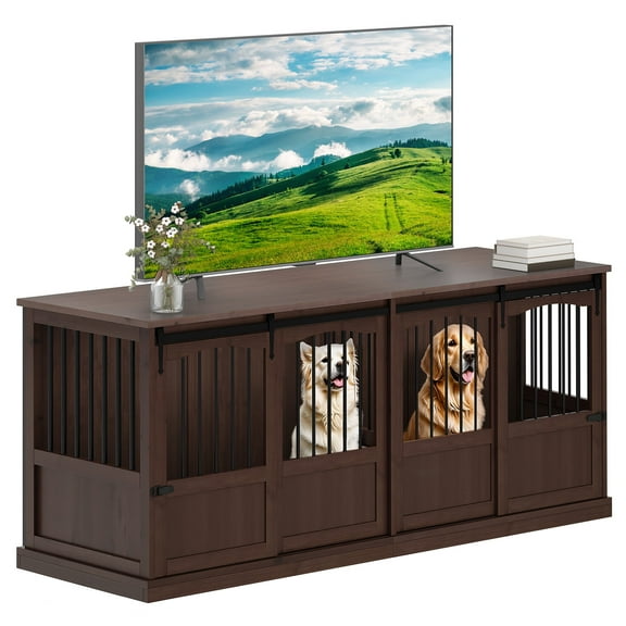 Homiflex 70.86 Inch Double Dog Crate Furniture for 2 Medium Large Dogs Wooden Heavy Duty Dog Kennel Furniture with 2 Sliding Doors & Divider Decorative Dog Cage TV Stand End Table for Indoor Brown