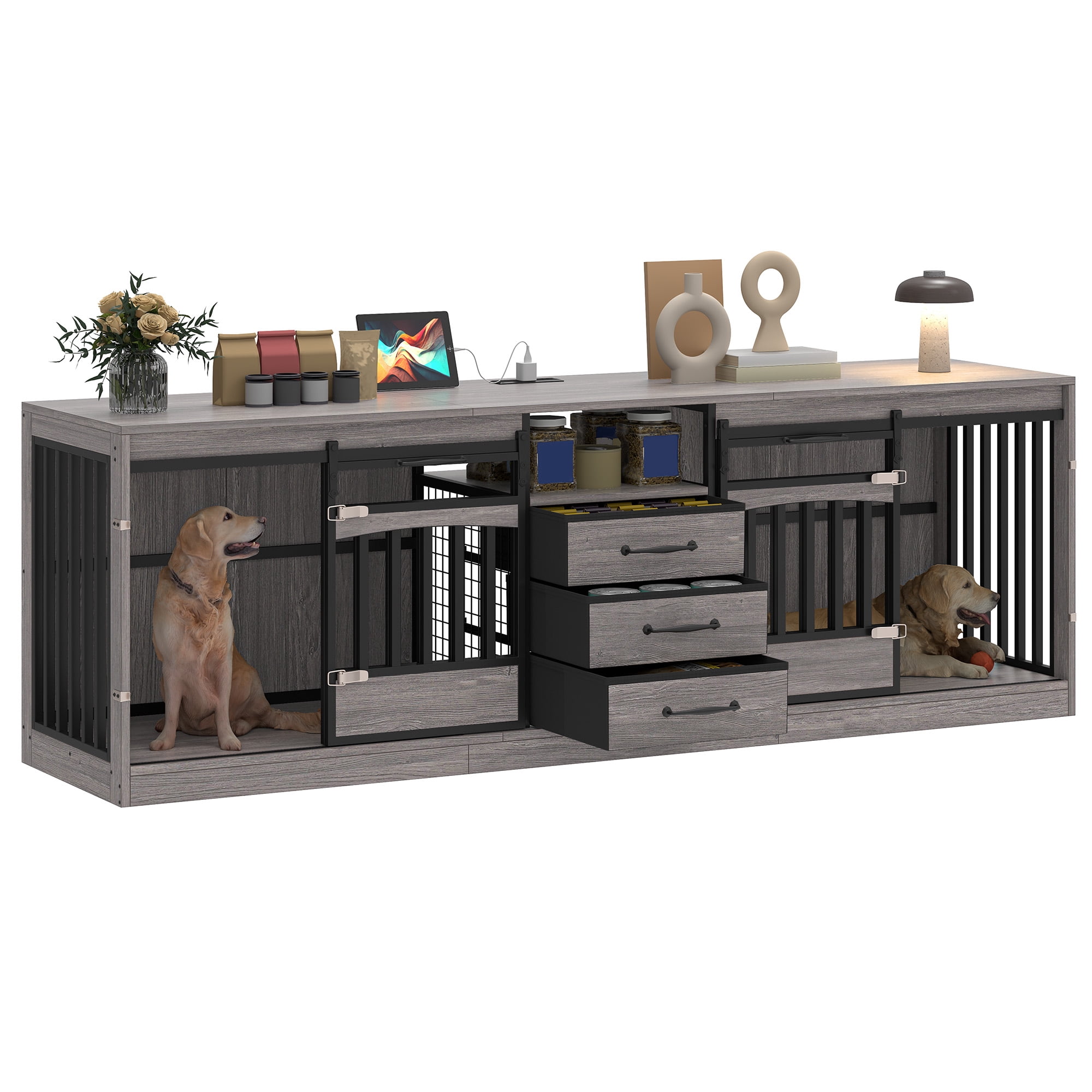 Homiflex 86" Large Double Dog Crate Furniture with 3 Storage Drawers & 1 Shelf Farmhouse Dog Kennel TV Stand Indoor for 2 Large Medium Dogs Decorative Dog Cage with Sliding Door Power Outlets Grey
