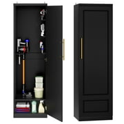 Homiflex Broom Closet Storage Cabinet, Wooden Garage Cabinet with Hooks and Shelf, Slim Utility Closet Broom Storage Cabinet for Cleaning Tool Mop, Black