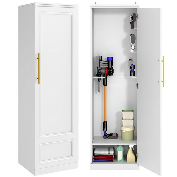 Homiflex Broom Closet Storage Cabinet, Wooden Garage Cabinet with Hooks and Shelf, Slim Utility Closet Broom Storage Cabinet for Cleaning Tool Mop, White
