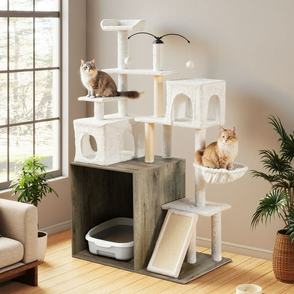 Homiflex Cat Tree for Automatic Litter Box, 68''H Cat Tower with Litter Box Enclosure, Scratching Post/Board, 2 Cat Condos, Round Hammock, Elastic Dangling Ball, Grey