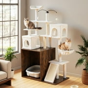 Homiflex Cat Tree for Automatic Litter Box, 68''H Cat Tower with Litter Box Enclosure, Scratching Post/Board, 2 Cat Condos, Round Hammock, Elastic Dangling Ball, Rustic Brown