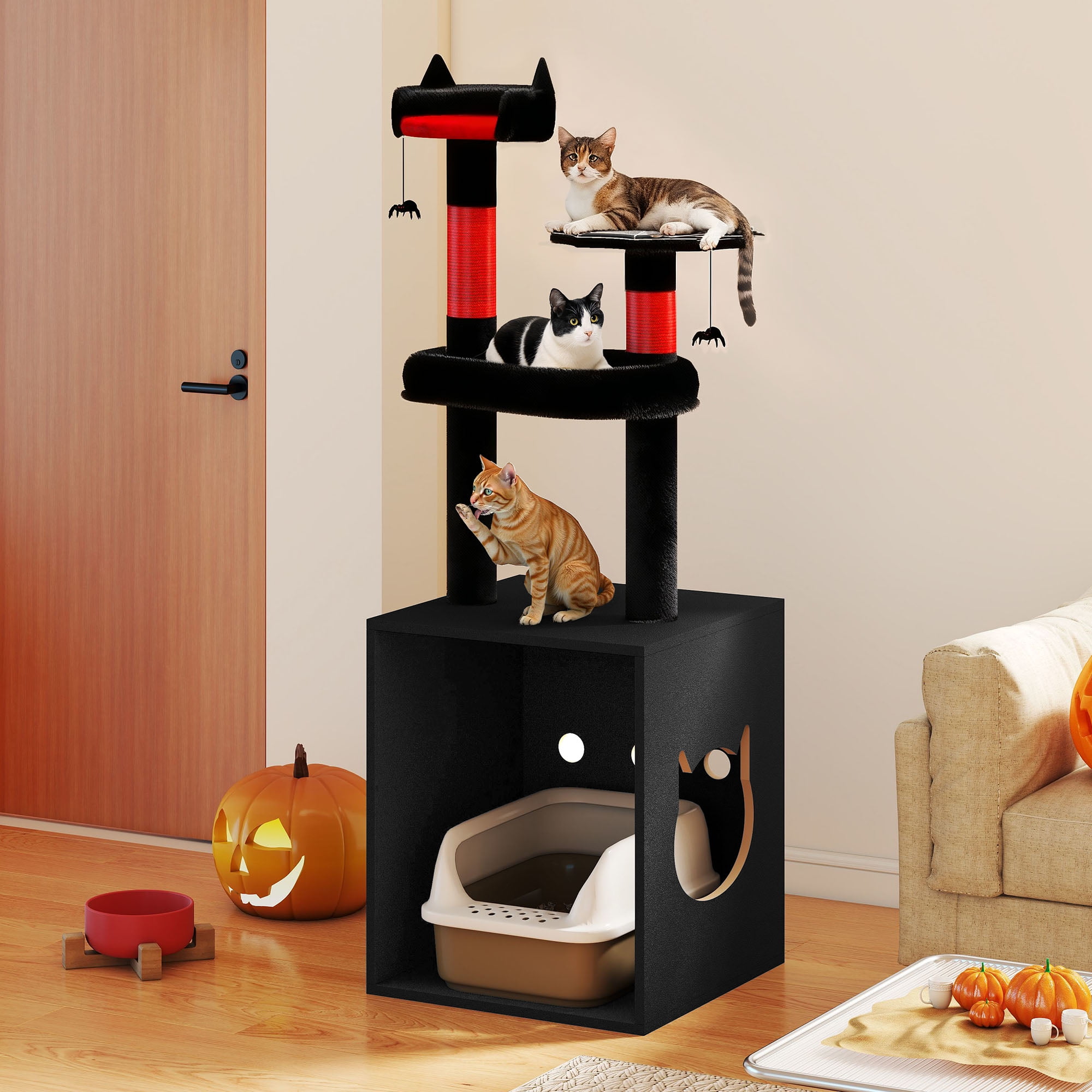 Homiflex Cat Tree for Automatic Litter Box, 67''H Cat Tower with Litter Box Enclosure, Scratching Post, Hooks, Halloween Style, Black/Red