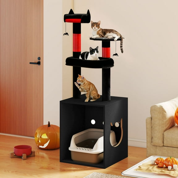 Homiflex Cat Tree for Automatic Litter Box, 67''H Cat Tower with Litter Box Enclosure, Scratching Post, Hooks, Halloween Style, Black/Red