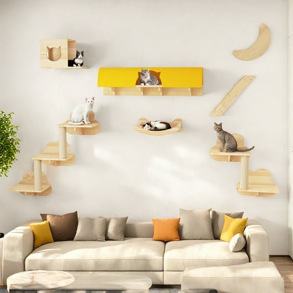 Homiflex Cat Wall Shelves Set, 13PCS Wooden Cat Wall Furniture with Tunnel/House for Multiple Cats