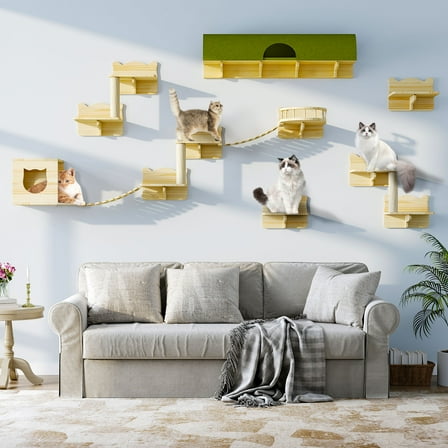 Homiflex Cat Wall Shelves Set, 16PCS Wooden Cat Wall Furniture with Tunnel/House for Multiple Cats