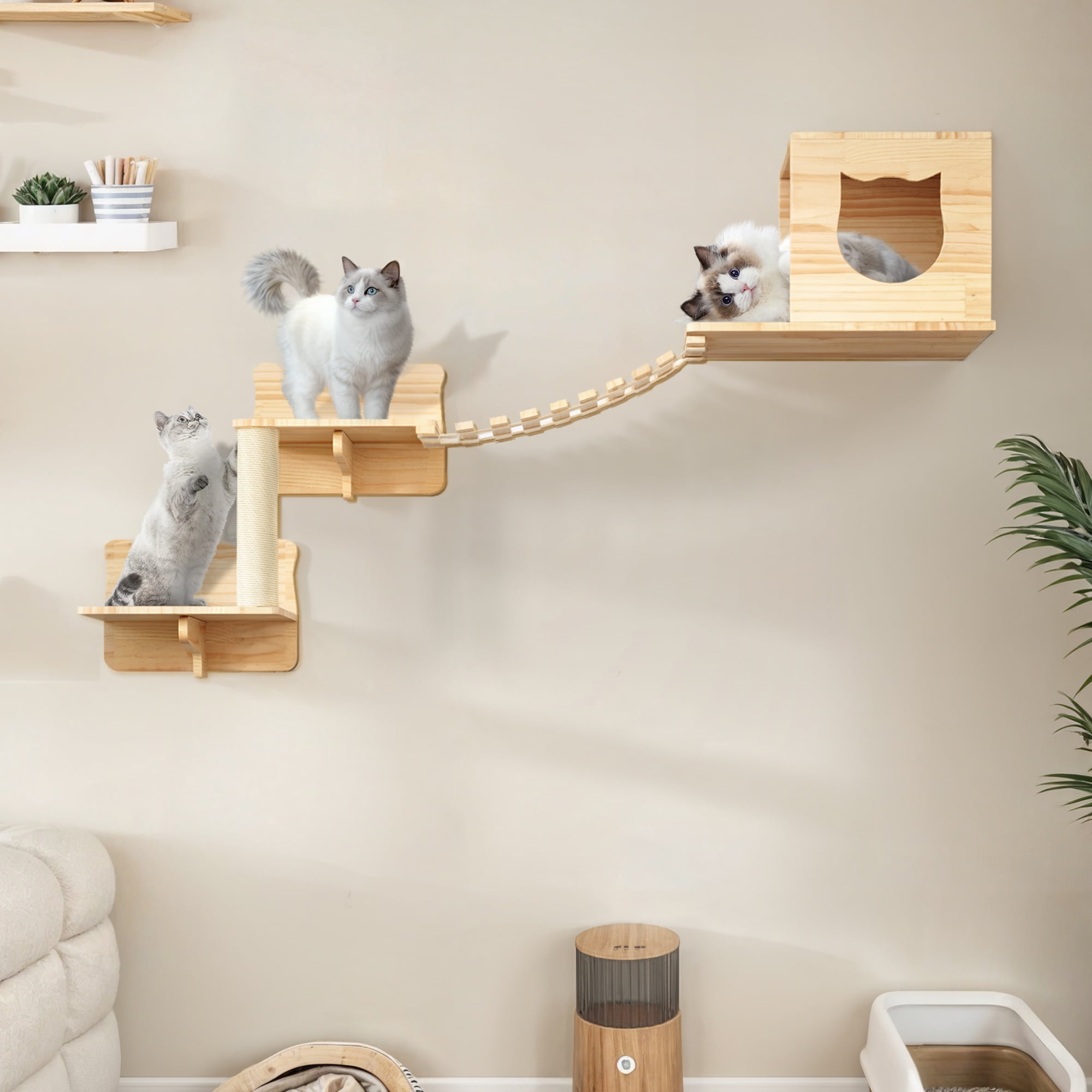 Homiflex Cat Wall Shelves and Perches Set, 5PCS Wood Wall Cat Shelf Cat ...