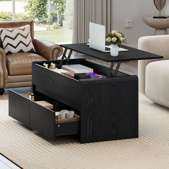 Homiflex Coffee Table Lift Top, 40'' Center Table with Hidden Compartment & Curved Corner, Converts to Home Office Table, Living Room, 2 Large Drawers, Black