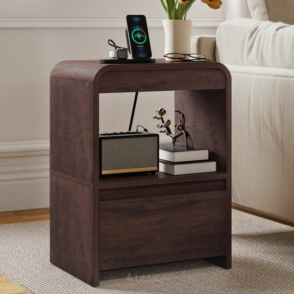 Homiflex End Tables for Living Room, End Table with Open Storage and Charging Station, Bedside Table Wooden Night Stands for Bedroom Living Room (1pc, Natural)