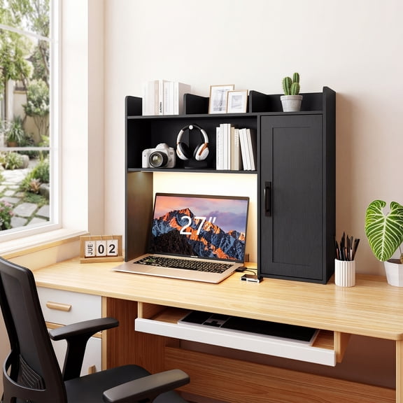Homiflex Homiflex Desktop Bookshelf, Wooden Desk Hutch with LED Lights, Desktop Shelf with 6 Shelves, Cabinet, Power Outlets, Office Desk Organizer, Over Desk Storage Shelves for Dorm, Home, Black