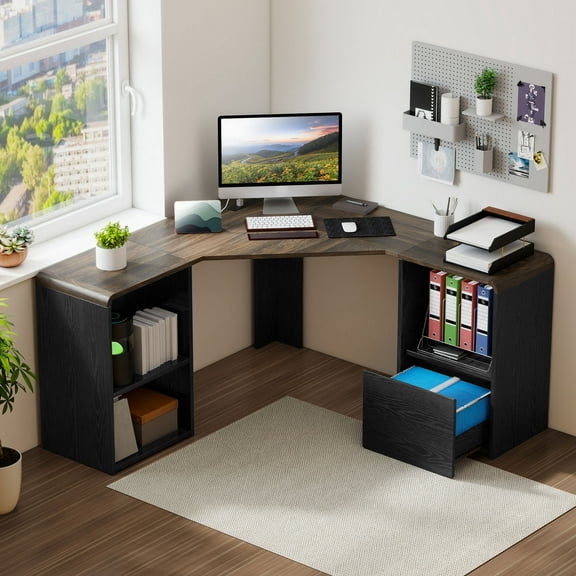 Homiflex L Shaped Desk with File Drawer 59" Modern Corner Computer Desk with Storage L Shape Home Office Desk Executive Desk with Power Outlets Storage Shelves File Cabinet for Working Writing, Black