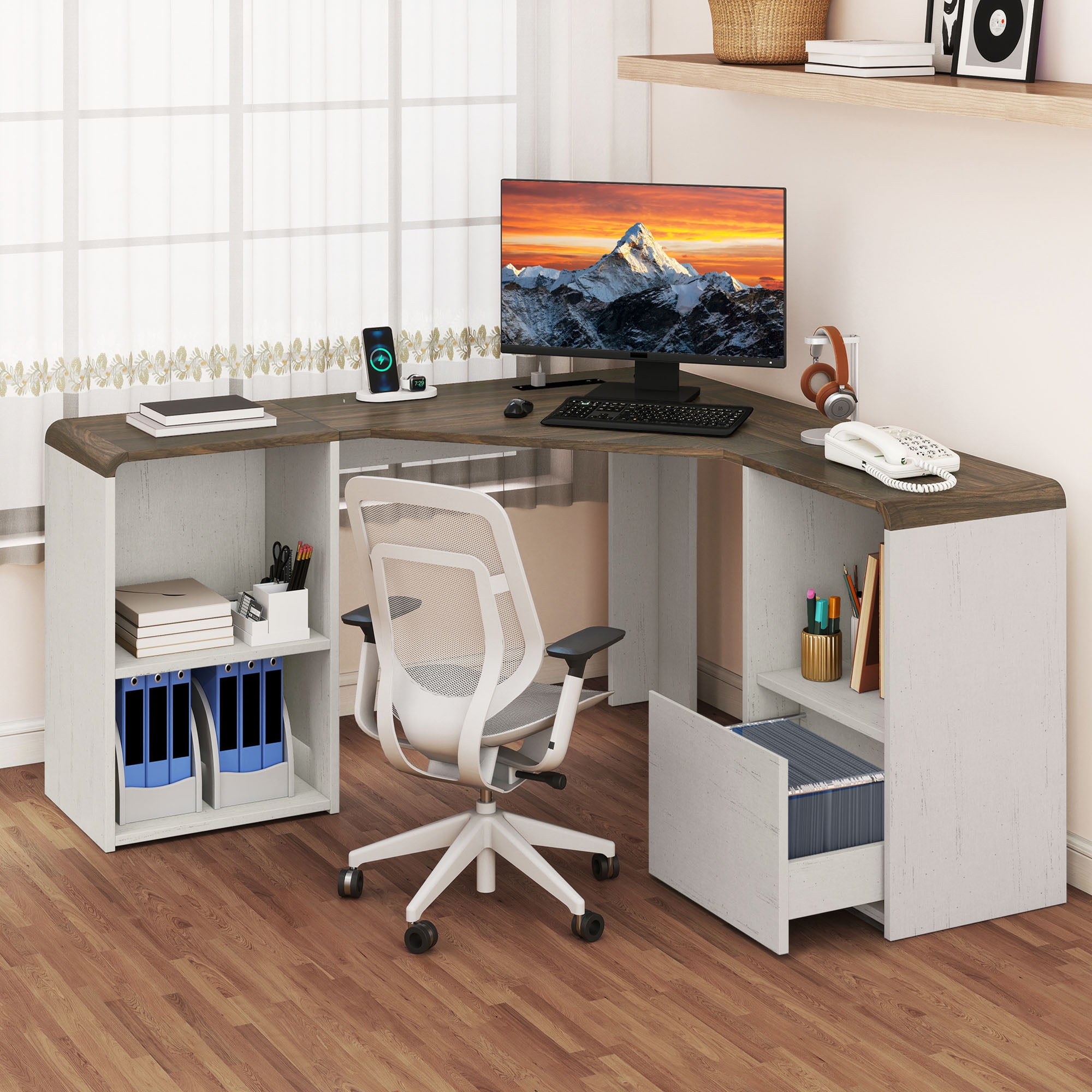 Homiflex L Shaped Desk with File Drawer 59" Modern Corner Computer Desk with Storage L Shape Home Office Desk Executive Desk with Power Outlets Storage Shelves File Cabinet for Working Writing, White