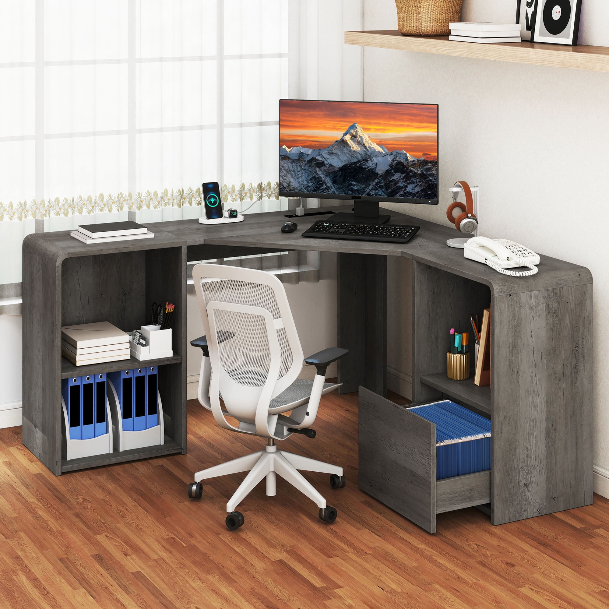 Homiflex L Shaped Desk with File Drawer 59" Modern Corner Computer Desk with Storage L Shape Home Office Desk Executive Desk with Power Outlets Storage Shelves File Cabinet for Working Writing, Grey