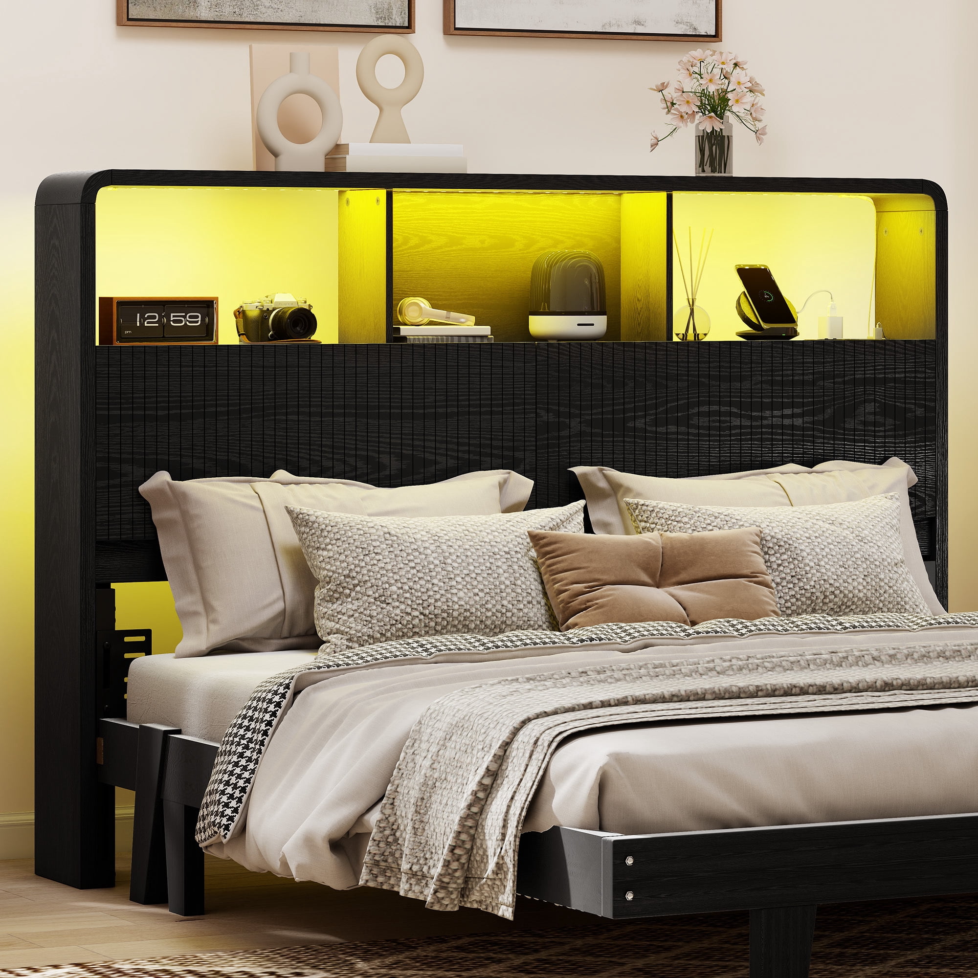 Homiflex Queen Headboard with Storage, Headboards with Power Outlets and Smart LED Light, Sturdy Wooden Head Board for Queen Size Bed, Black